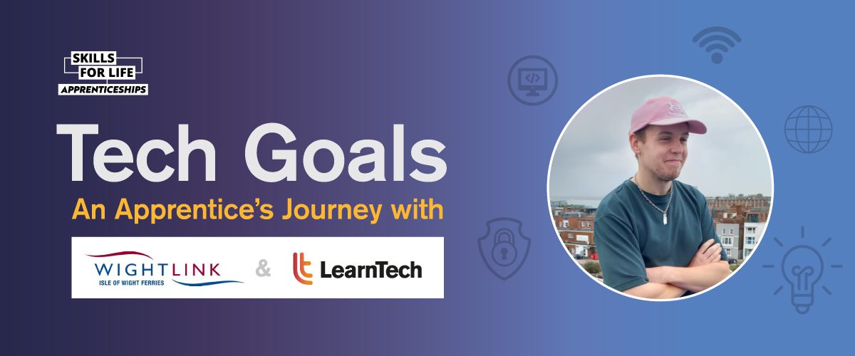 Illustrated banner with the text "Tech Dreams - An Apprentice’s Journey with Siemens Energy & LearnTech". The image features icons related to technology, such as light bulbs, chat bubbles, and Wi-Fi symbols, along with a sketch of a person pondering.