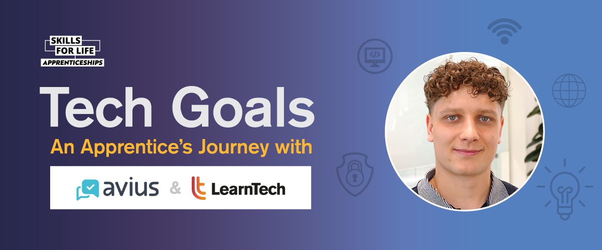 Illustrated banner with the text "Tech Dreams - An Apprentice’s Journey with Siemens Energy & LearnTech". The image features icons related to technology, such as light bulbs, chat bubbles, and Wi-Fi symbols, along with a sketch of a person pondering.