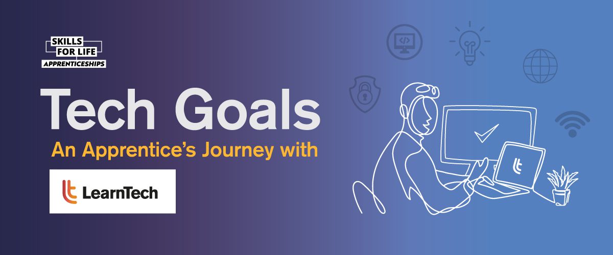 Illustrated banner with the text "Tech Dreams - An Apprentice’s Journey with Siemens Energy & LearnTech". The image features icons related to technology, such as light bulbs, chat bubbles, and Wi-Fi symbols, along with a sketch of a person pondering.